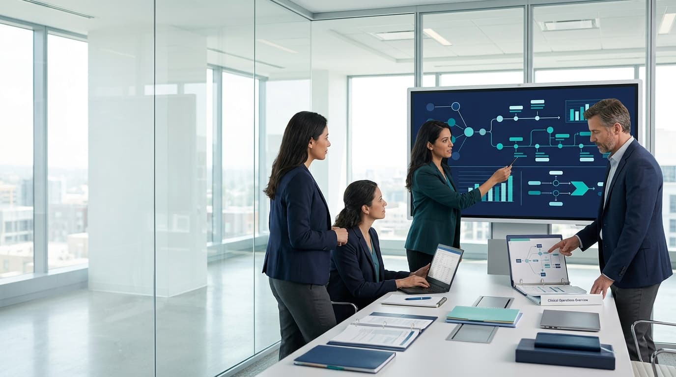 A clinical operations team reviewing a process map on a wall display in a glass-walled meeting room